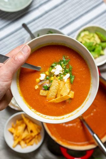 a hand holding a bowl of tortilla soup with a pot of soup and fixins in the background.