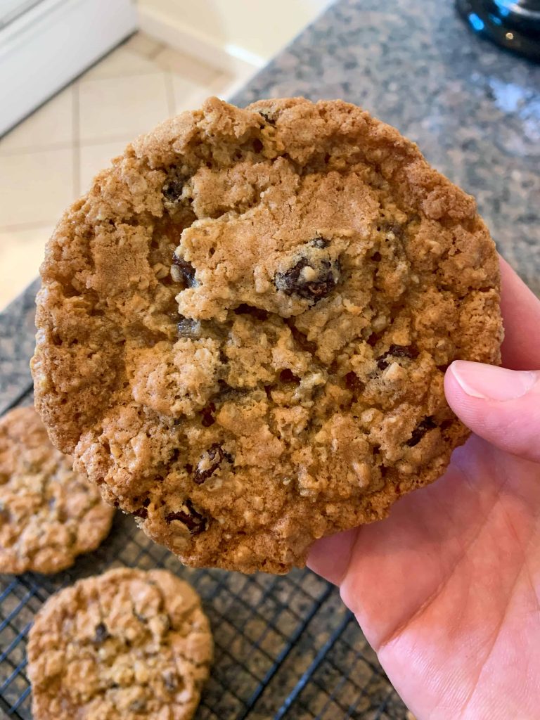Someone is holding an oatmeal raisin cookie in their kitchen
