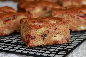 Fresh fruit cake squares with fruit destined for the compost