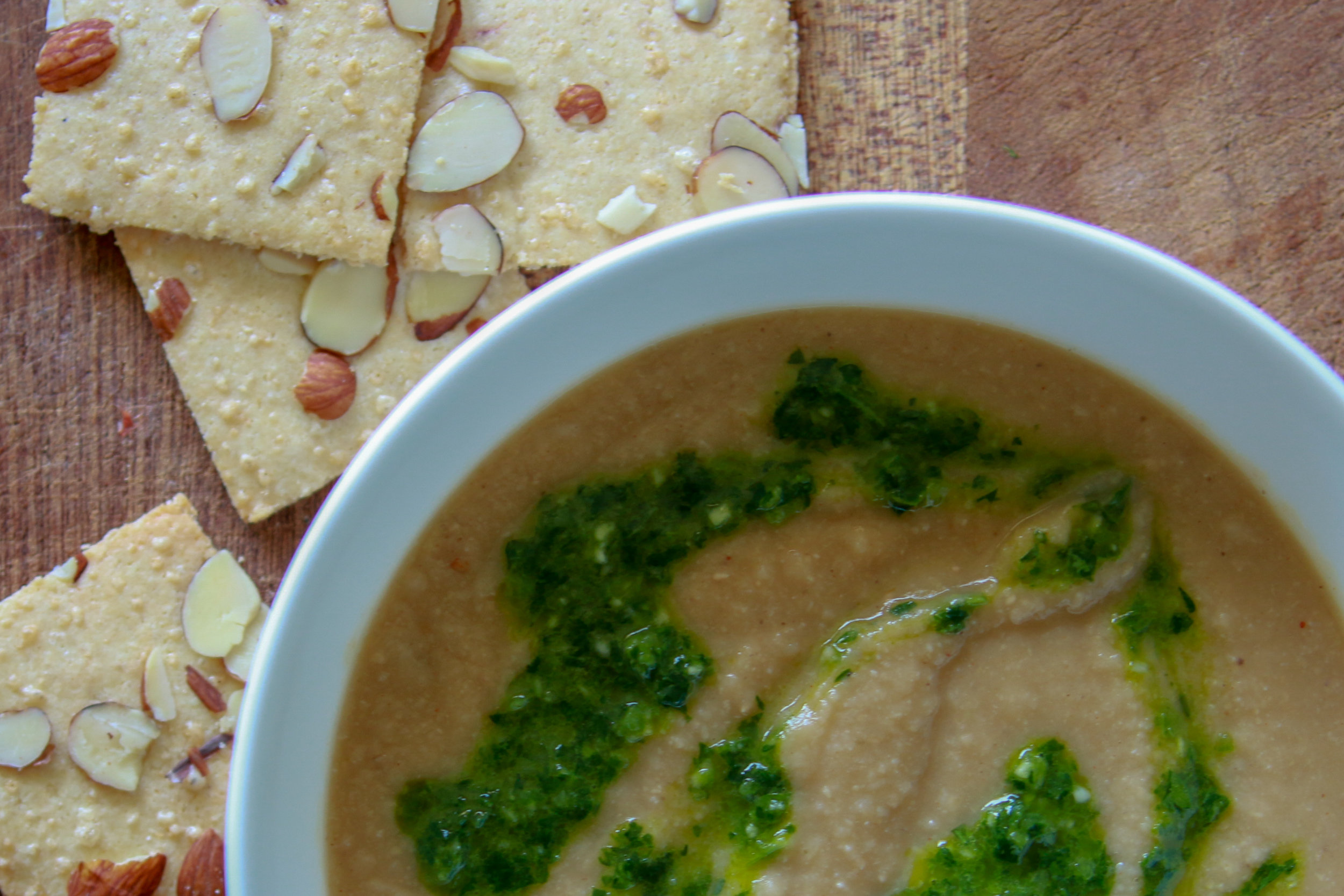  Almond crackers make a great companion for this roasted cauliflower soup with Chimichurri 