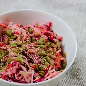 Quick veggie slaw with miso sesame dressing