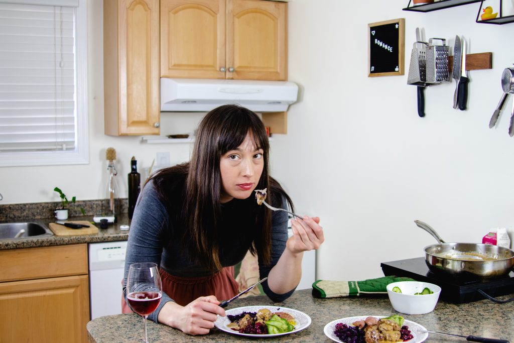 Paula Hingley, YouTube cooking show host, enjoying some swedish meatballs