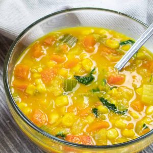 a bowl of coconut corn chowder