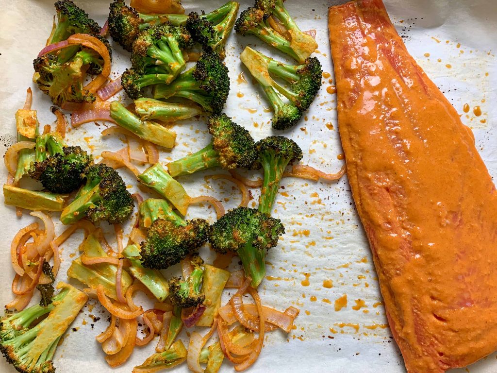salmon and broccoli roasting