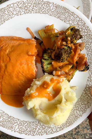 sheet pan salmon and broccoli with mashed potatoes