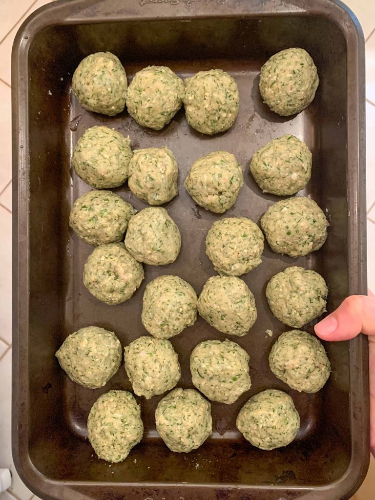 rolled turkey meatballs ready to be chilled.