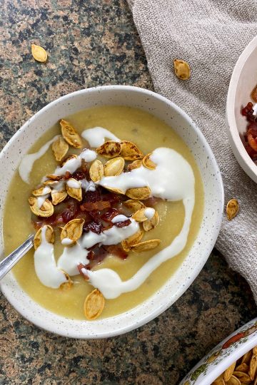 rutabaga soup with bacon and pumpkin seeds