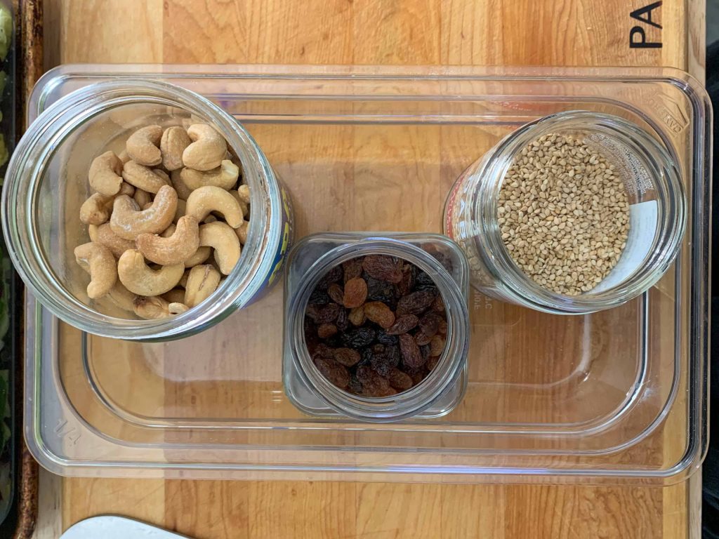 nuts, seeds, and dried fruit for salad.