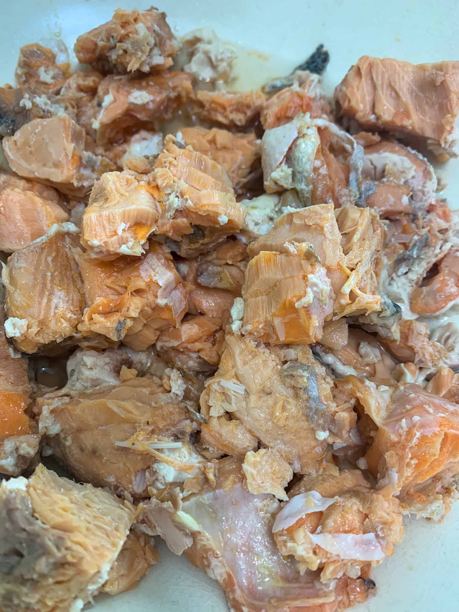 Canned salmon, broken up in to bite sized chunks.