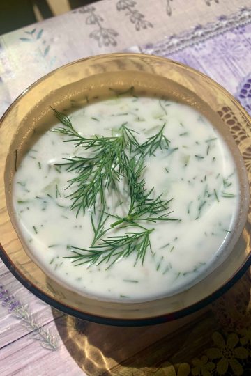 A small bowl of Bulgarian Tarator soup with fresh dill on top.