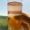 A glass of kompot with blue sky and trees in the background.