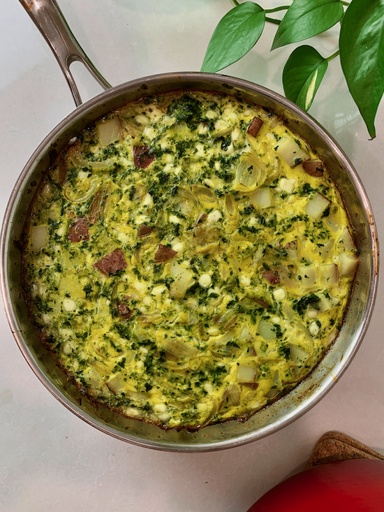 The finished frittata in a pan.