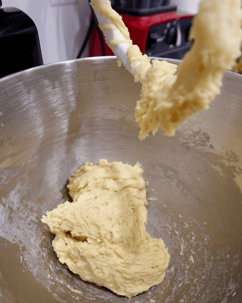 Enriched dough in mixing bowl.