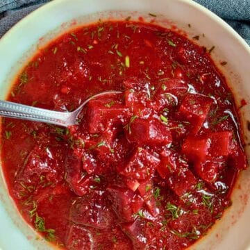 beet soup in a bowl.