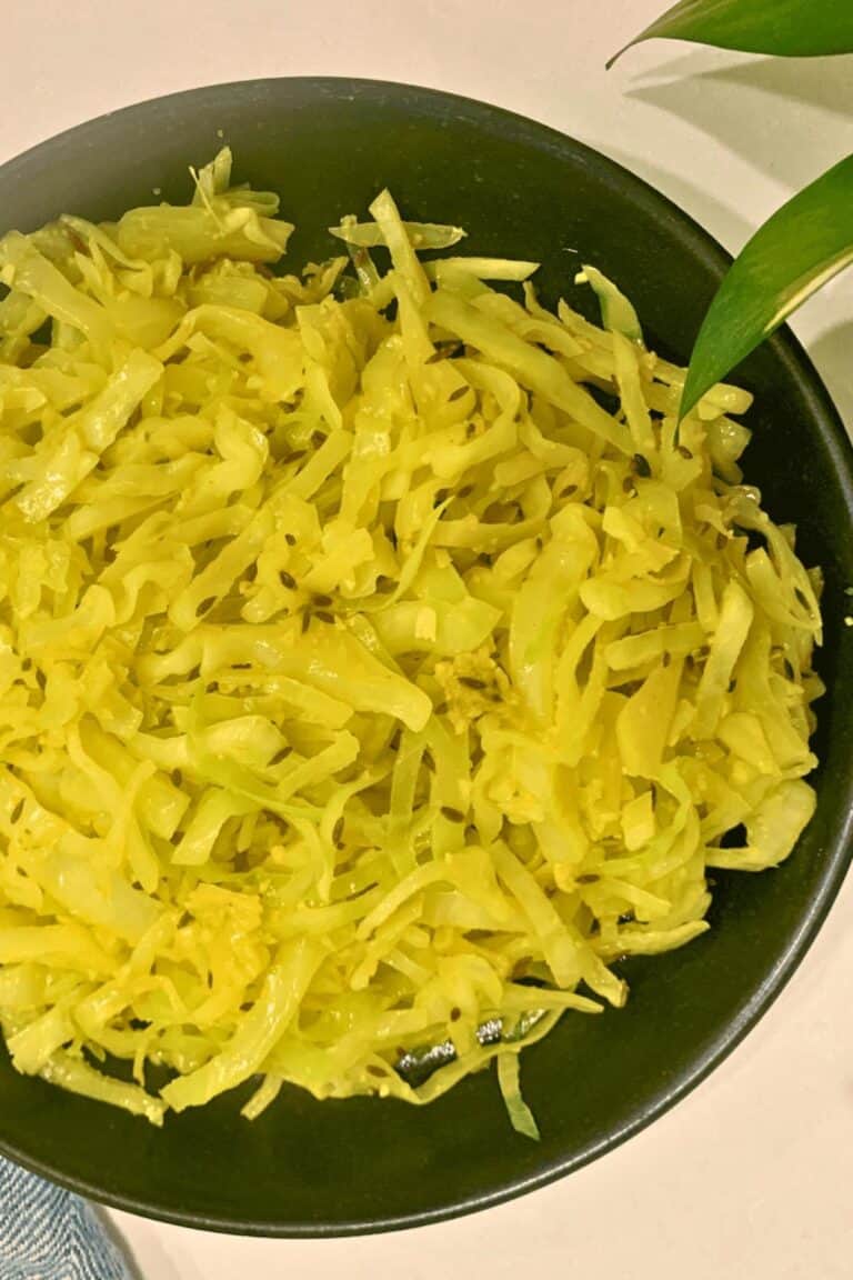 Overhead image of a plate of spiced cabbage.