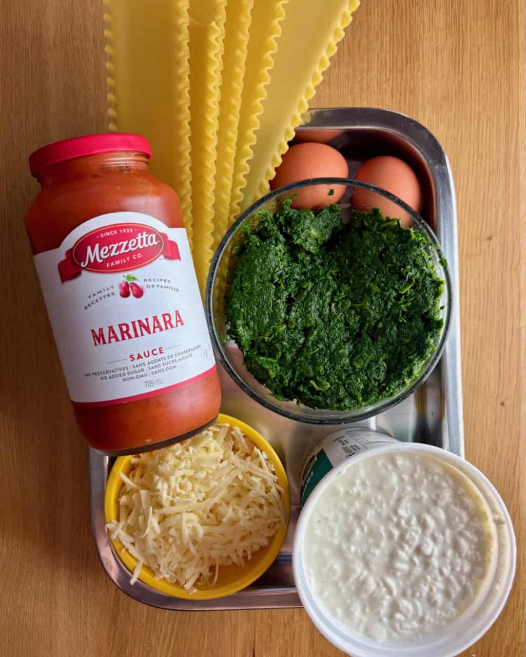 All the ingredients needed for cottage cheese spinach lasagna.