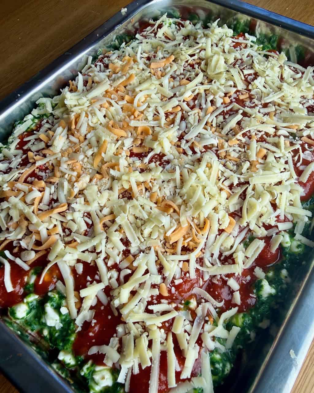 The cheese-topped lasagna, ready to go into the oven.