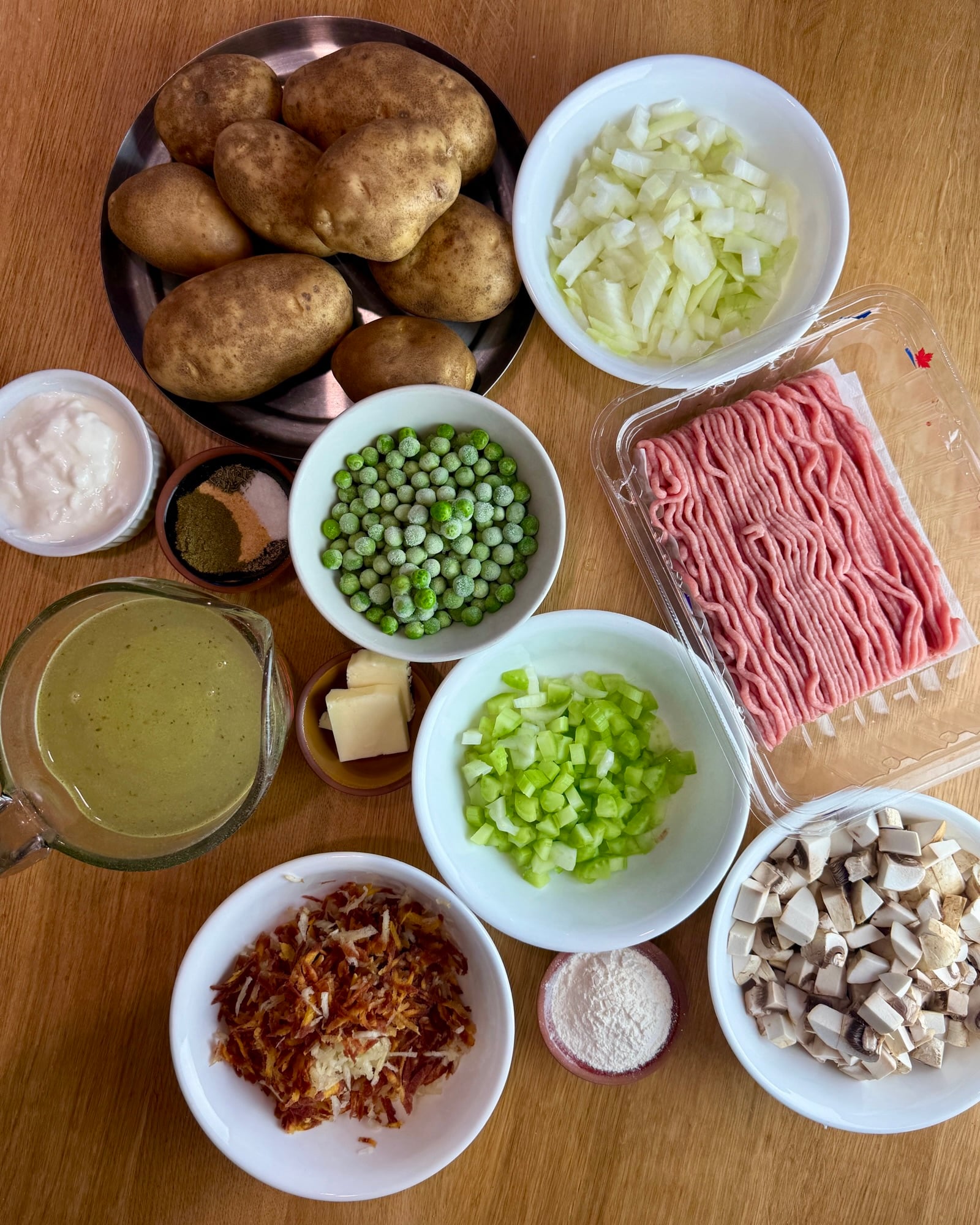 Overhead photo of the ingredients needed to make ground turkey shepherd's pie.