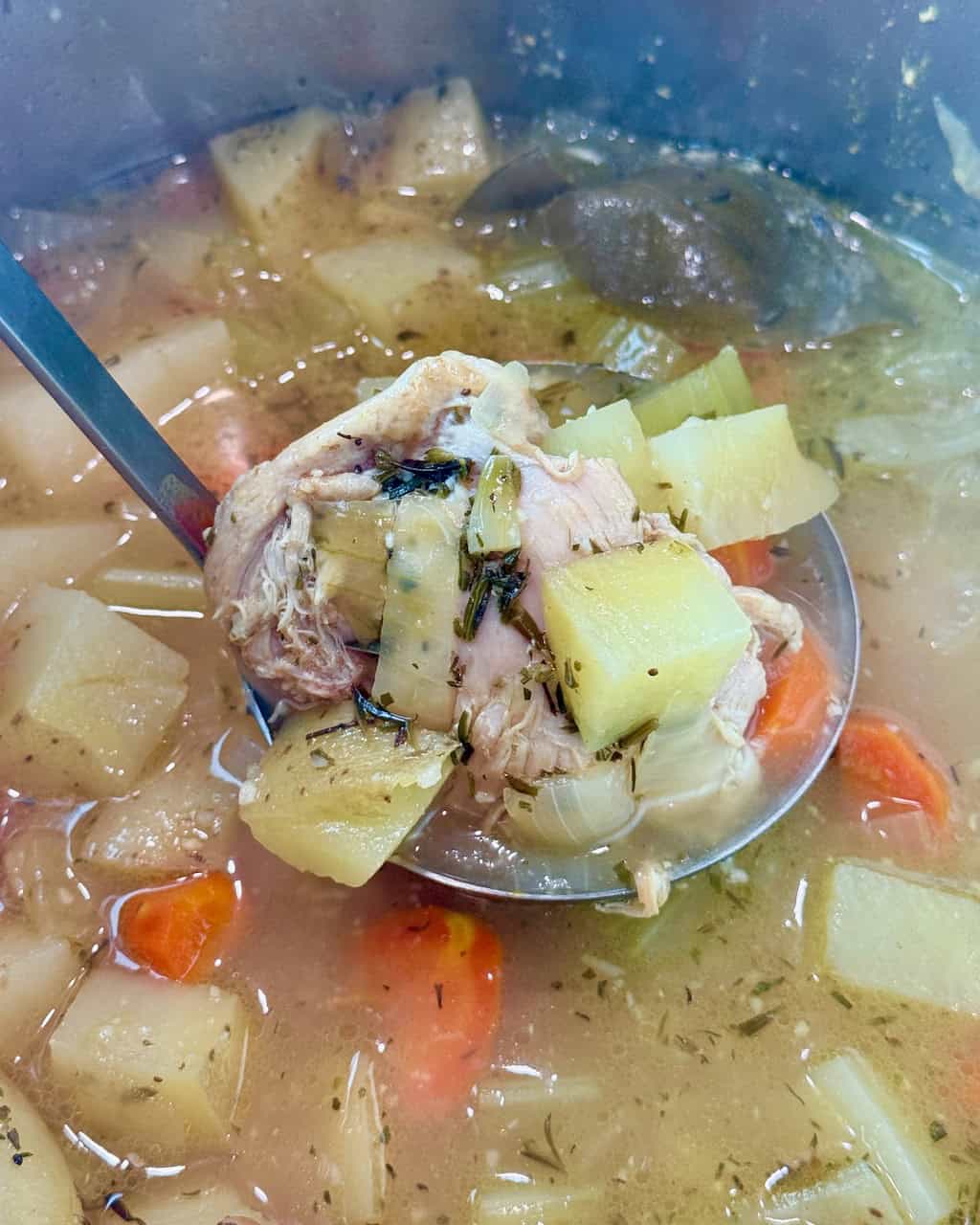 A ladle full of chicken stew cooking in an Instant Pot.