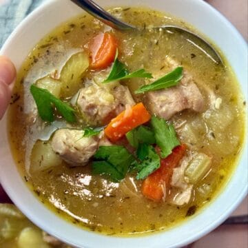 A woman holds a bowl of chicken stew garnished with fresh parsley.