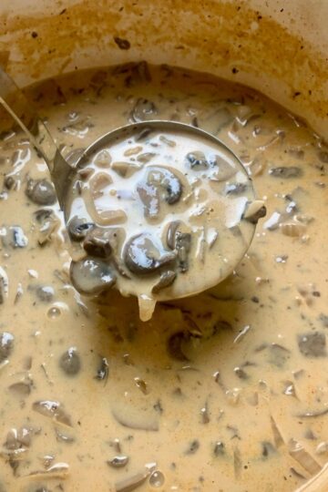 Holding a ladle full of of creamy mushroom soup over the pot.