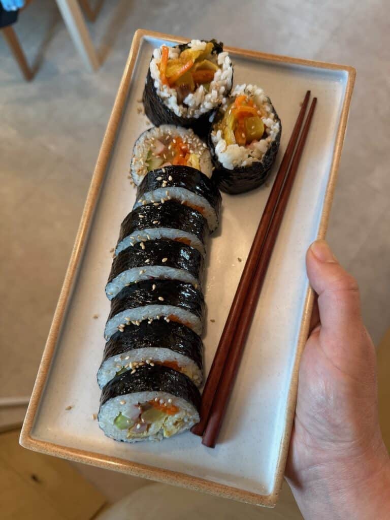 A roll of gimbap made in a cooking class in Seoul.