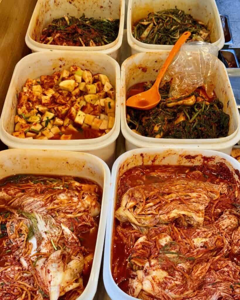 Huge vats of various kimchi in Mangwon market.