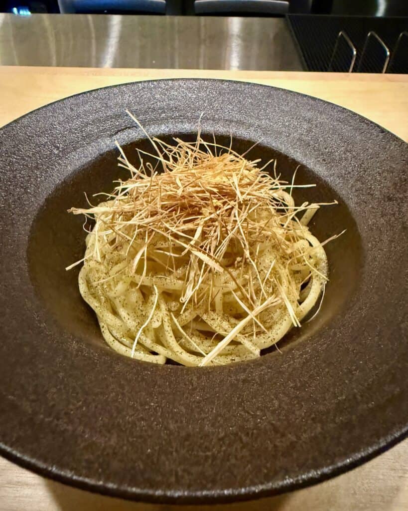 A plate of Korean leek spaghetti.