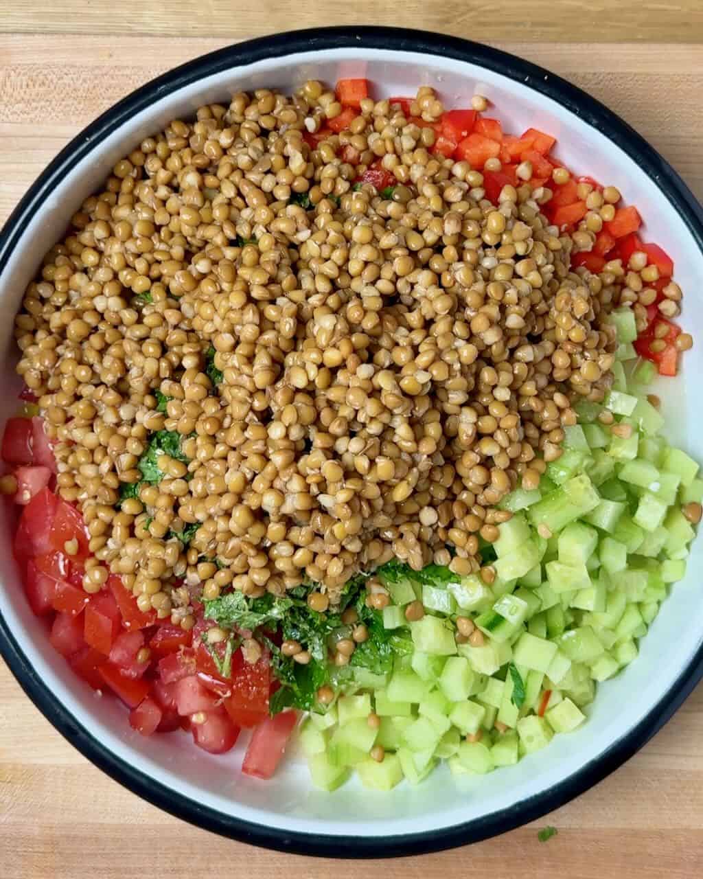 Lentil salad ingredients ready to be tossed together.
