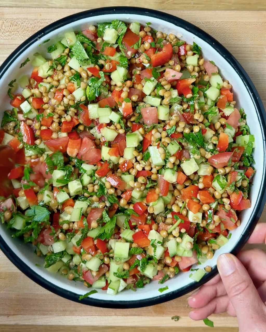The finished lentil salad in a bowl.