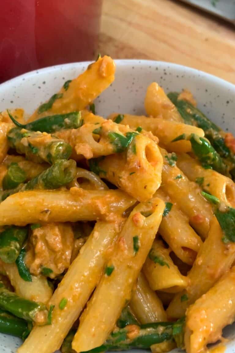 the finished dish, tuna and green bean pasta in a bowl.